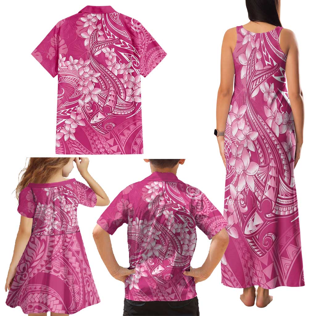 Pink Polynesia Hammerhead Shark Tattoo With Plumeria Lei Family Matching Tank Maxi Dress and Hawaiian Shirt