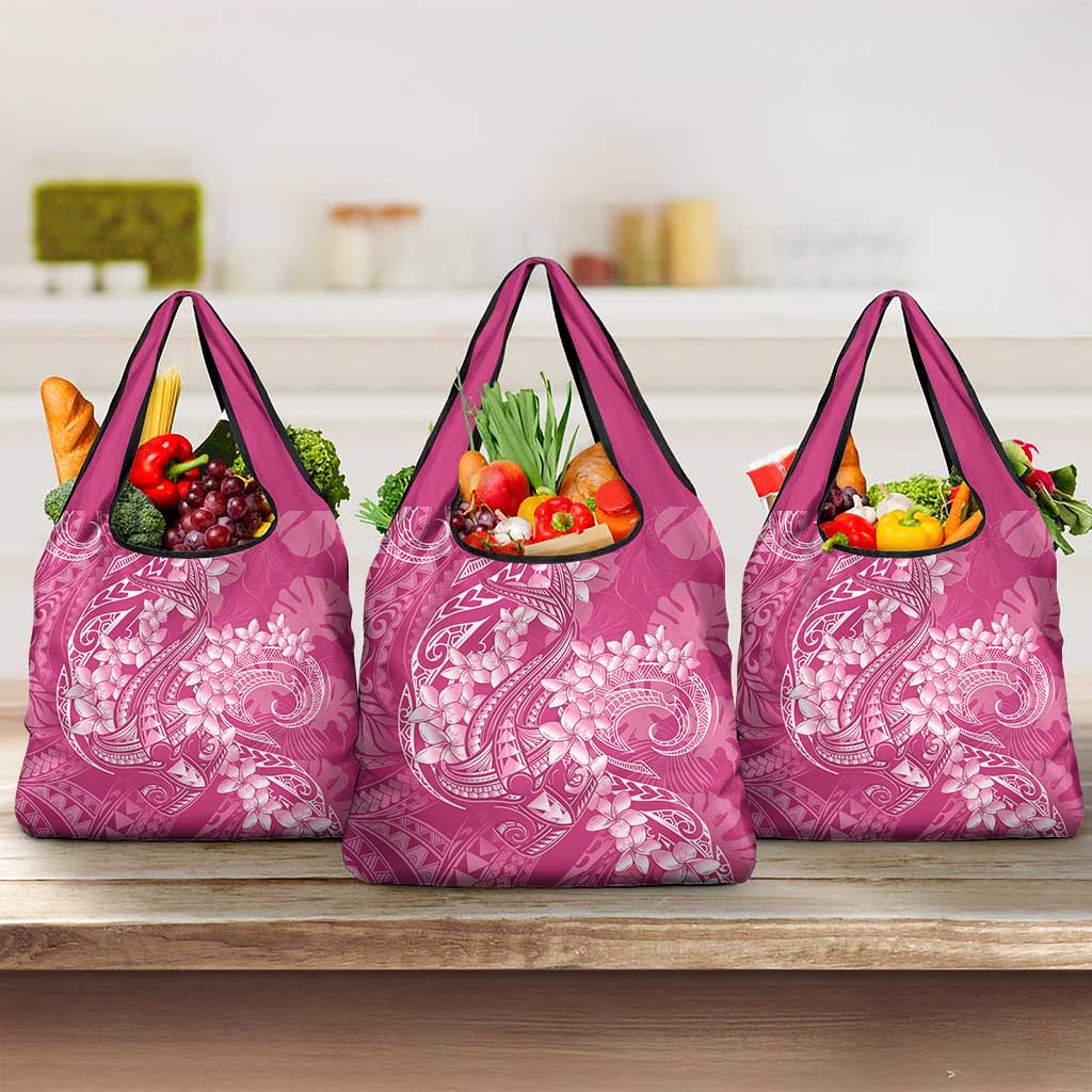 Pink Polynesia Hammerhead Shark Tattoo With Plumeria Lei Grocery Bag LT14 3-pack One Size Pink - Polynesian Pride