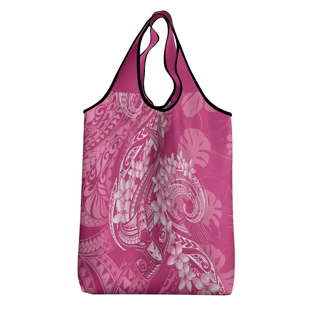 Pink Polynesia Hammerhead Shark Tattoo With Plumeria Lei Grocery Bag LT14 - Polynesian Pride