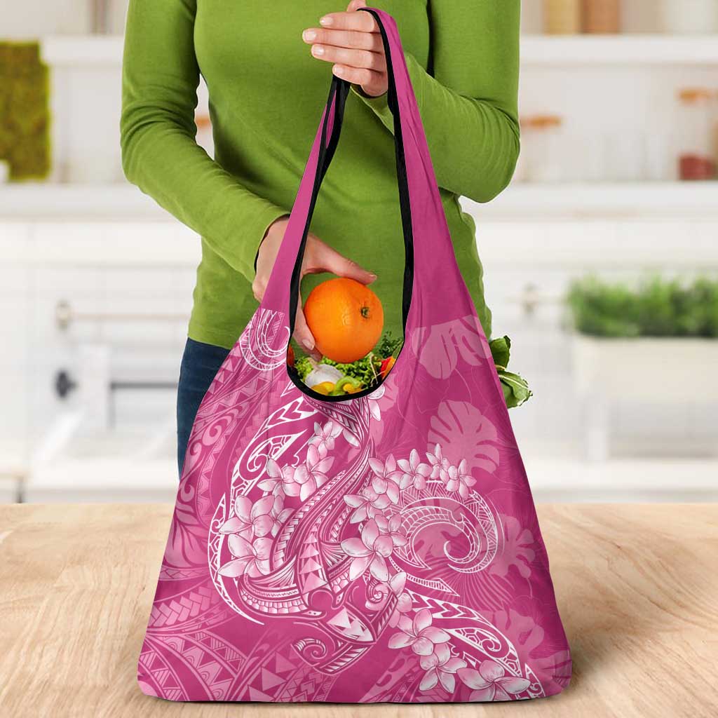 Pink Polynesia Hammerhead Shark Tattoo With Plumeria Lei Grocery Bag LT14 - Polynesian Pride