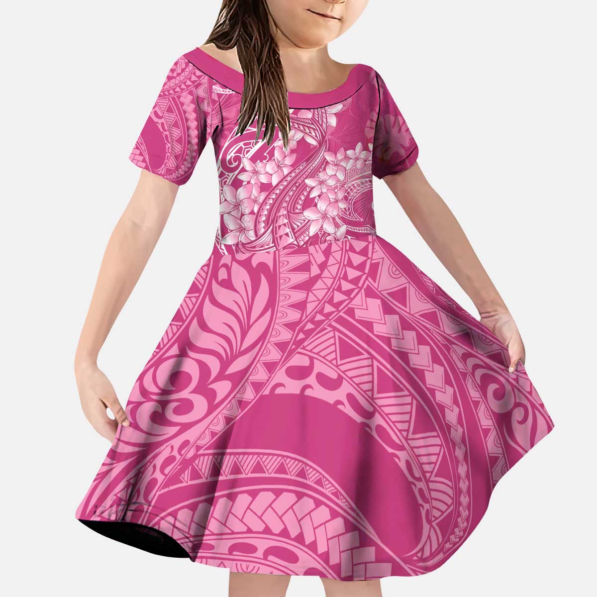 Pink Polynesia Hammerhead Shark Tattoo With Plumeria Lei Kid Short Sleeve Dress