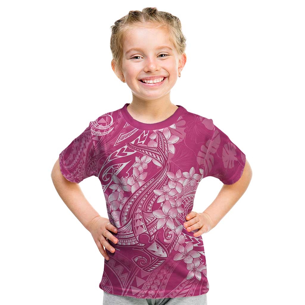 Pink Polynesia Hammerhead Shark Tattoo With Plumeria Lei Kid T Shirt