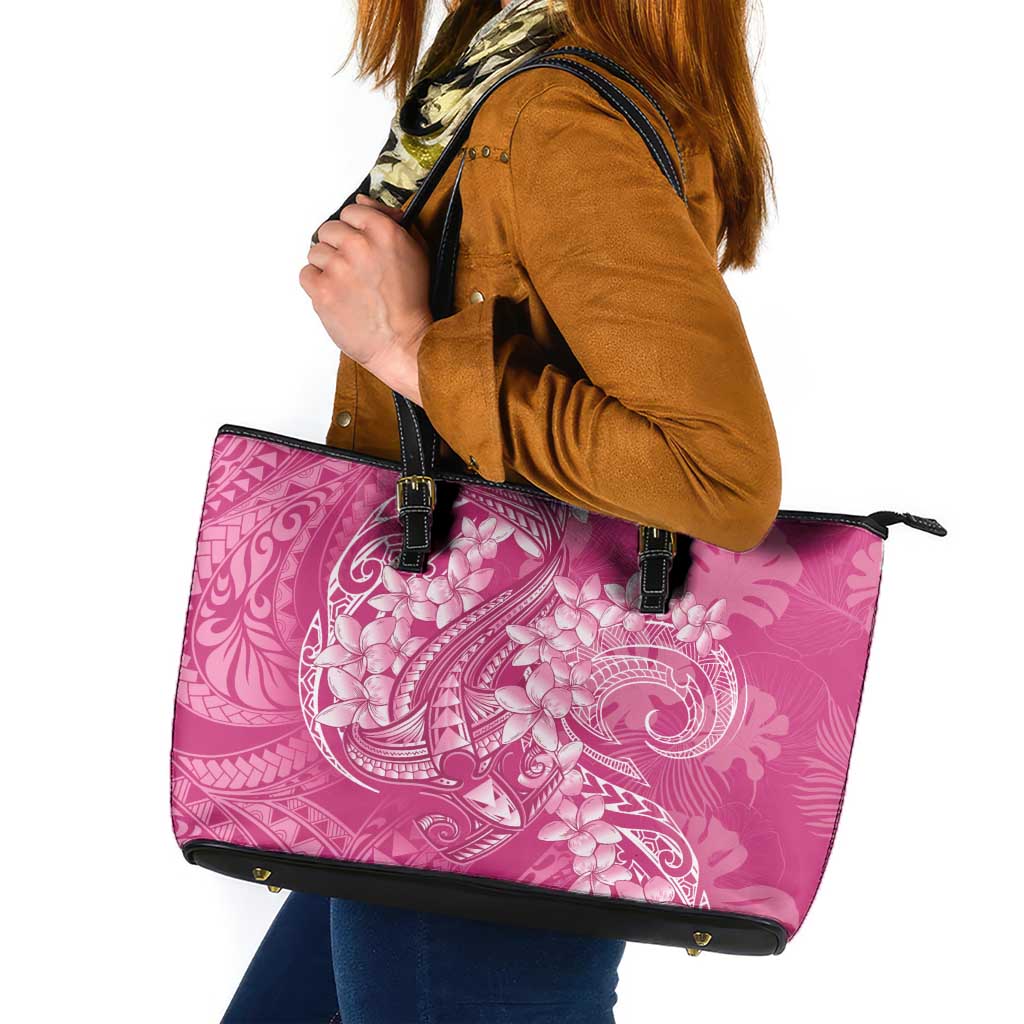 Pink Polynesia Hammerhead Shark Tattoo With Plumeria Lei Leather Tote Bag