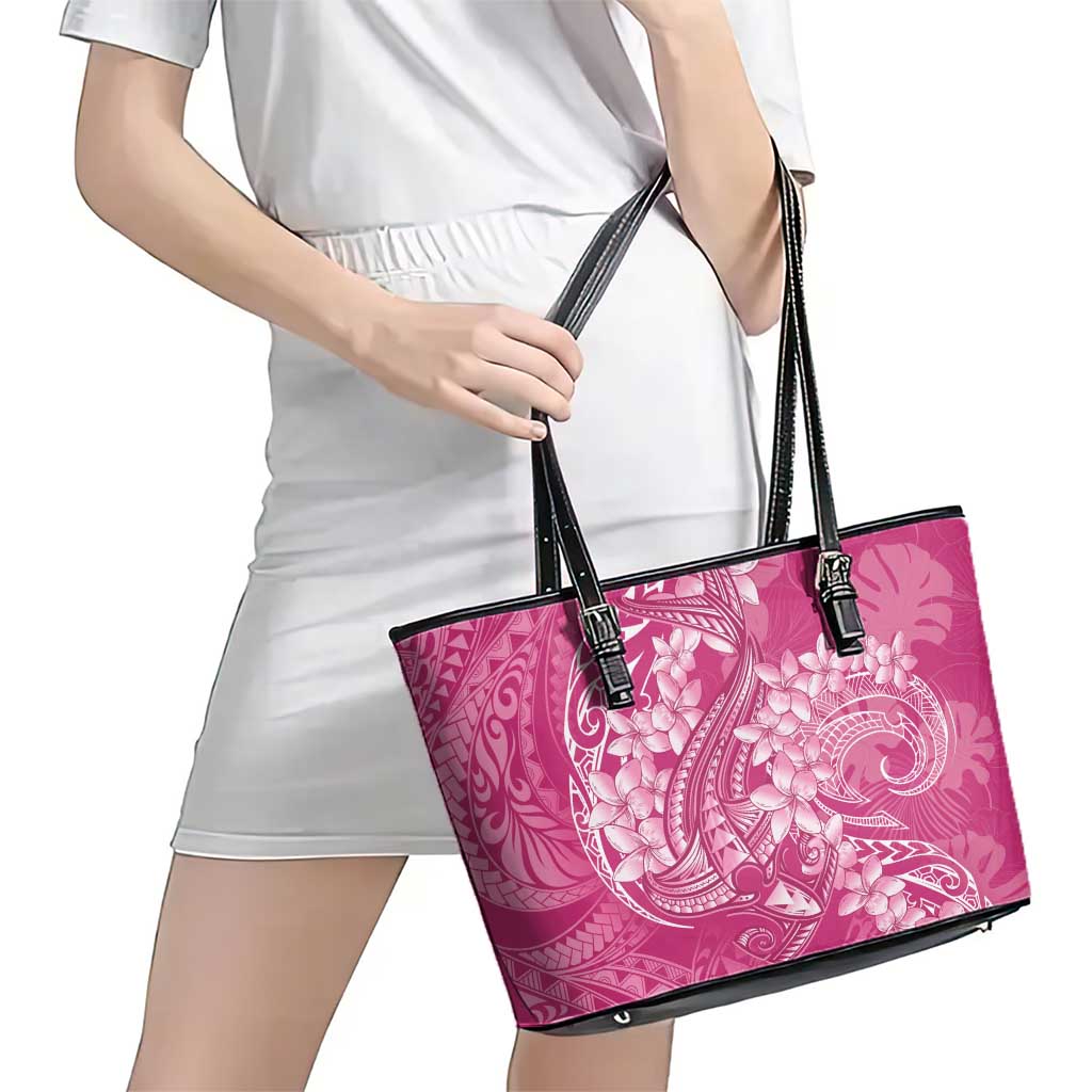 Pink Polynesia Hammerhead Shark Tattoo With Plumeria Lei Leather Tote Bag