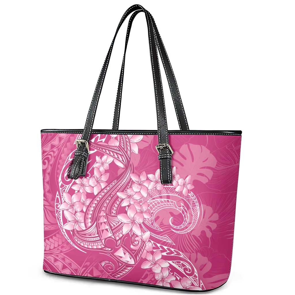 Pink Polynesia Hammerhead Shark Tattoo With Plumeria Lei Leather Tote Bag