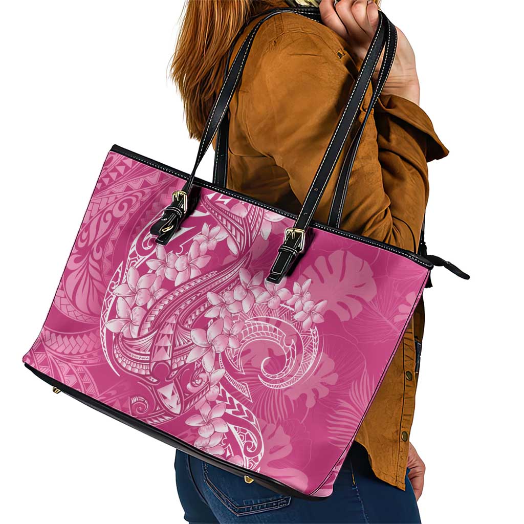 Pink Polynesia Hammerhead Shark Tattoo With Plumeria Lei Leather Tote Bag