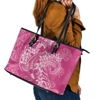 Pink Polynesia Hammerhead Shark Tattoo With Plumeria Lei Leather Tote Bag