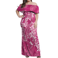Pink Polynesia Hammerhead Shark Tattoo With Plumeria Lei Off Shoulder Maxi Dress