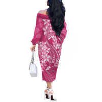 Pink Polynesia Hammerhead Shark Tattoo With Plumeria Lei Off The Shoulder Long Sleeve Dress
