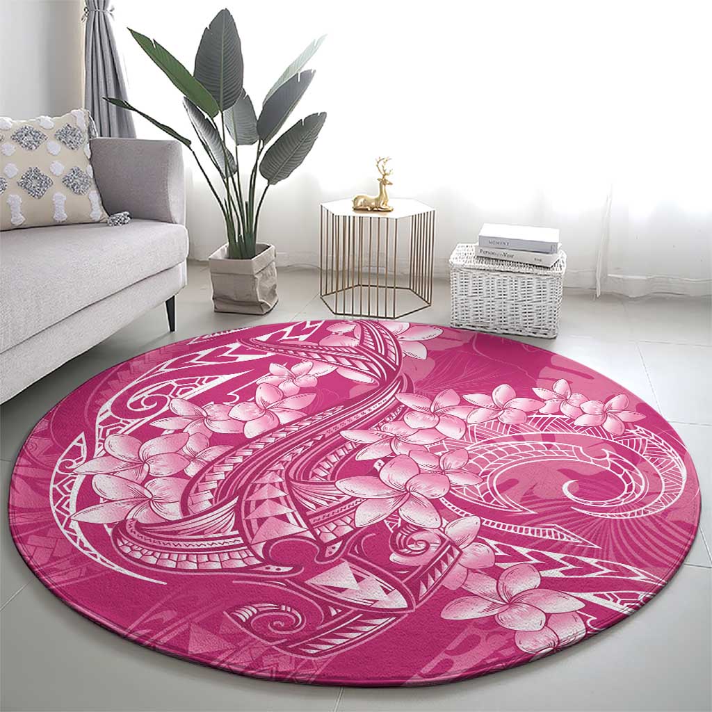 Pink Polynesia Hammerhead Shark Tattoo With Plumeria Lei Round Carpet