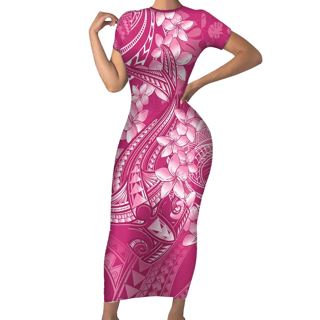 Pink Polynesia Hammerhead Shark Tattoo With Plumeria Lei Short Sleeve Bodycon Dress