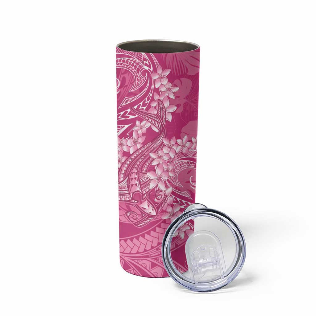 Pink Polynesia Hammerhead Shark Tattoo With Plumeria Lei Skinny Tumbler