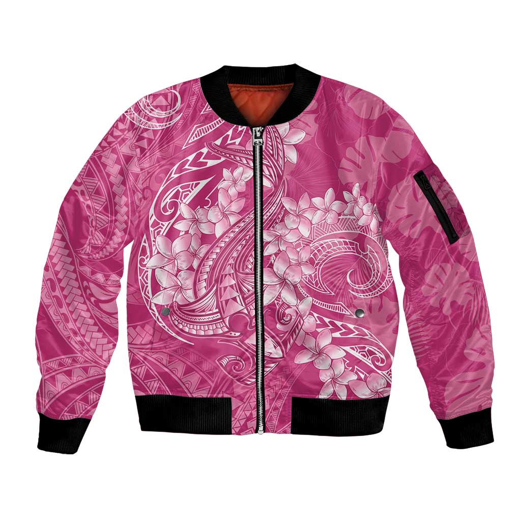 Pink Polynesia Hammerhead Shark Tattoo With Plumeria Lei Sleeve Zip Bomber Jacket