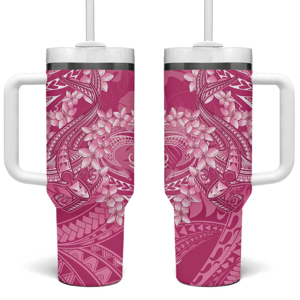 Pink Polynesia Hammerhead Shark Tattoo With Plumeria Lei Tumbler With Handle