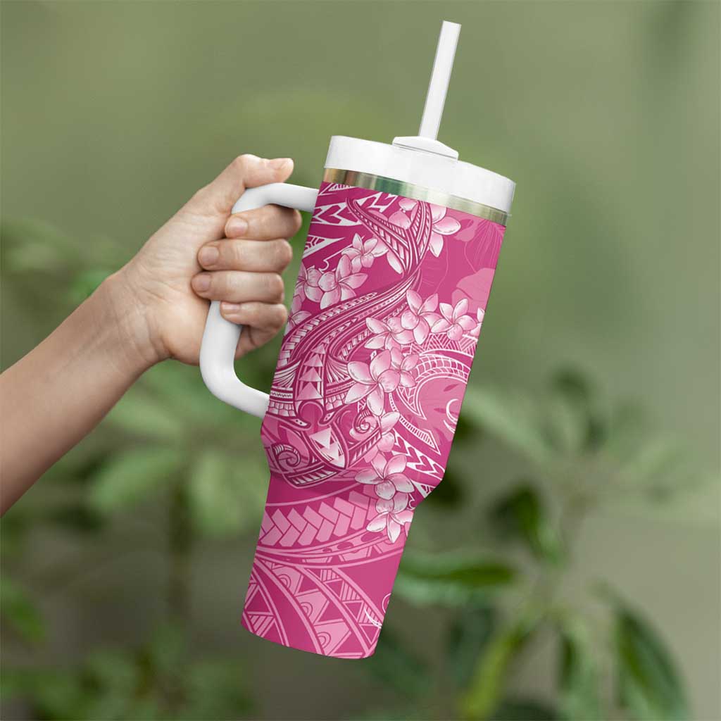 Pink Polynesia Hammerhead Shark Tattoo With Plumeria Lei Tumbler With Handle