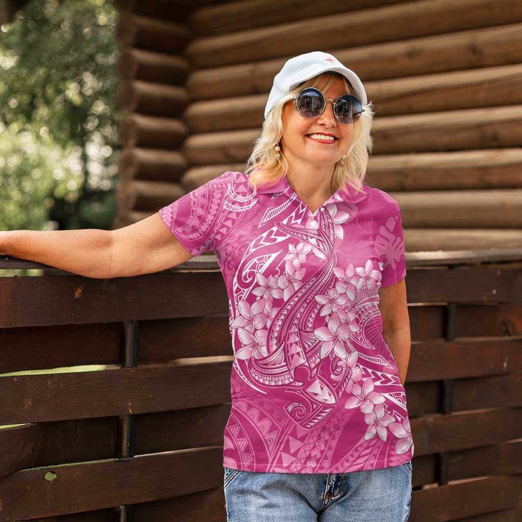 Pink Polynesia Hammerhead Shark Tattoo With Plumeria Lei Women Polo Shirt