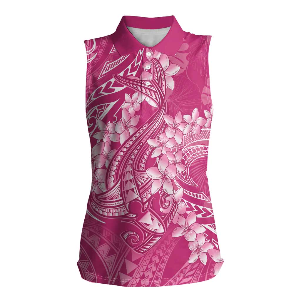 Pink Polynesia Hammerhead Shark Tattoo With Plumeria Lei Women Sleeveless Polo Shirt