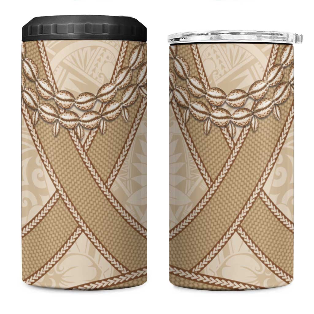 Mauri Ribaberiki Kiribati 4 in 1 Can Cooler Tumbler Cowrie Shells Lei Palm Leaf Weaving
