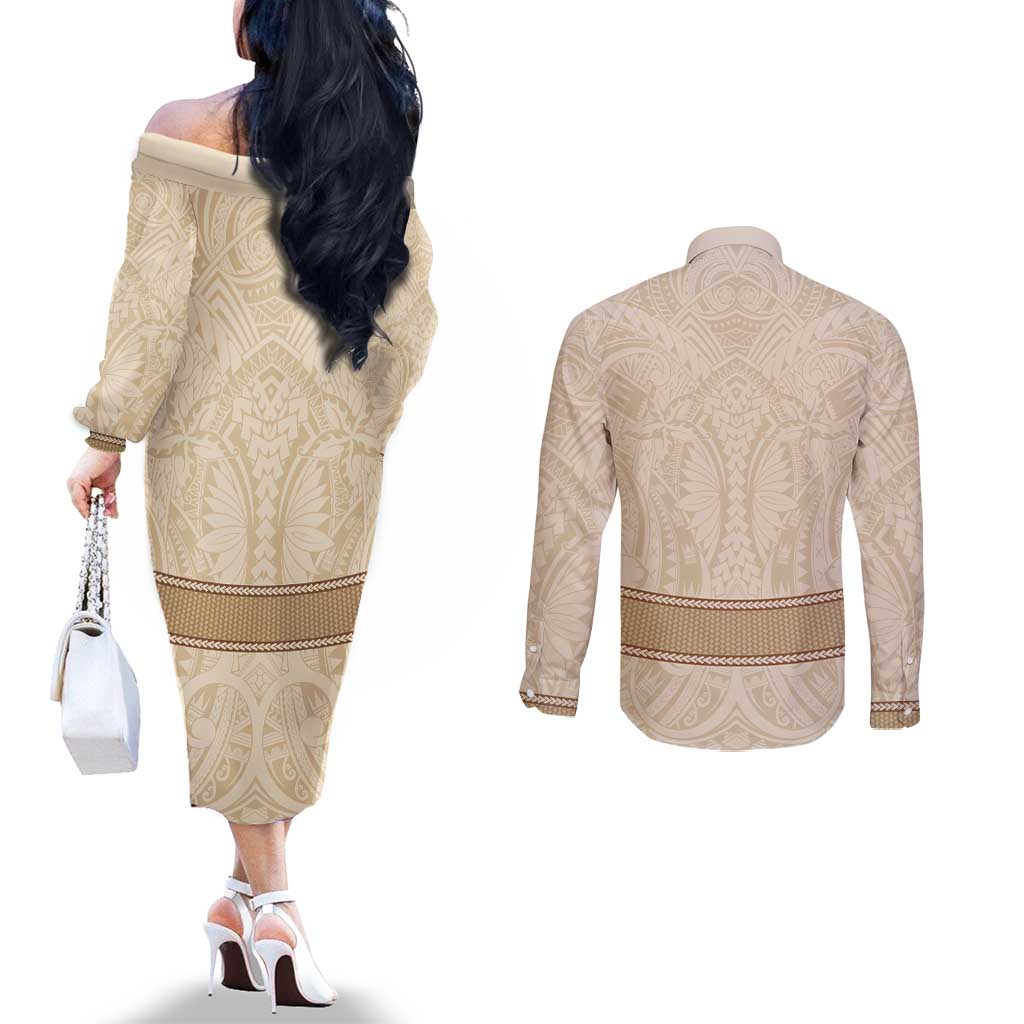 Mauri Ribaberiki Kiribati Couples Matching Off The Shoulder Long Sleeve Dress and Long Sleeve Button Shirt Cowrie Shells Lei Palm Leaf Weaving