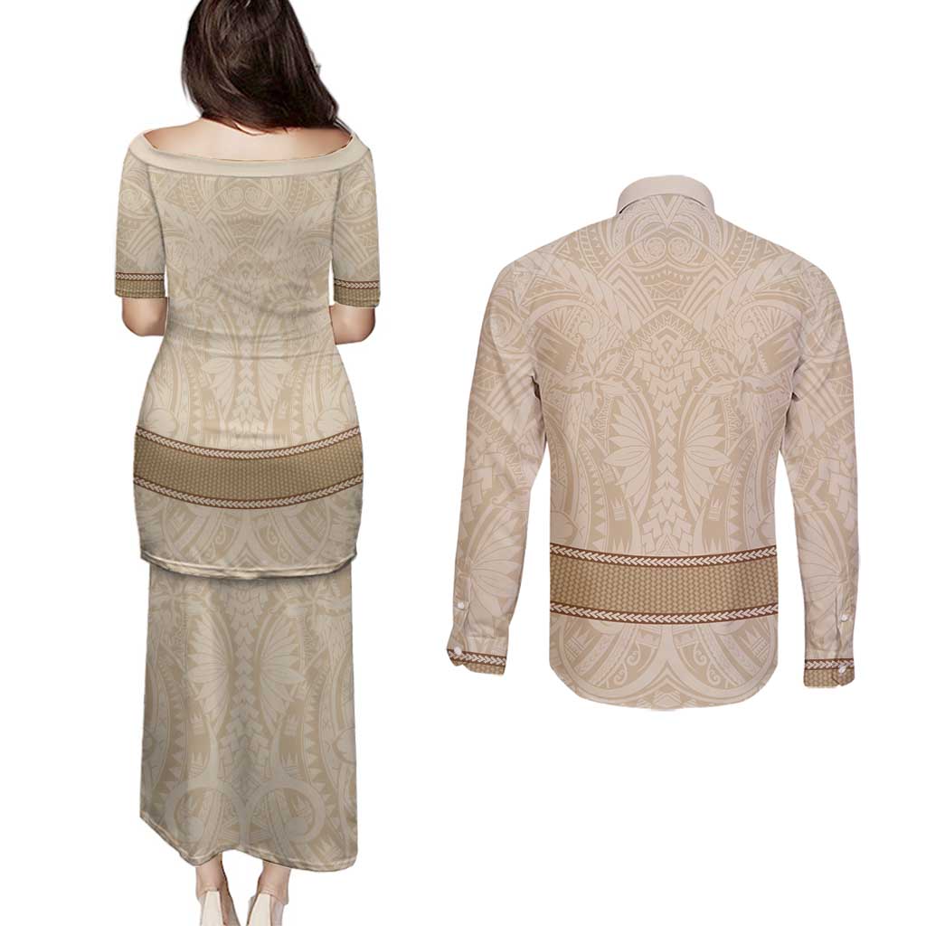 Mauri Ribaberiki Kiribati Couples Matching Puletasi and Long Sleeve Button Shirt Cowrie Shells Lei Palm Leaf Weaving