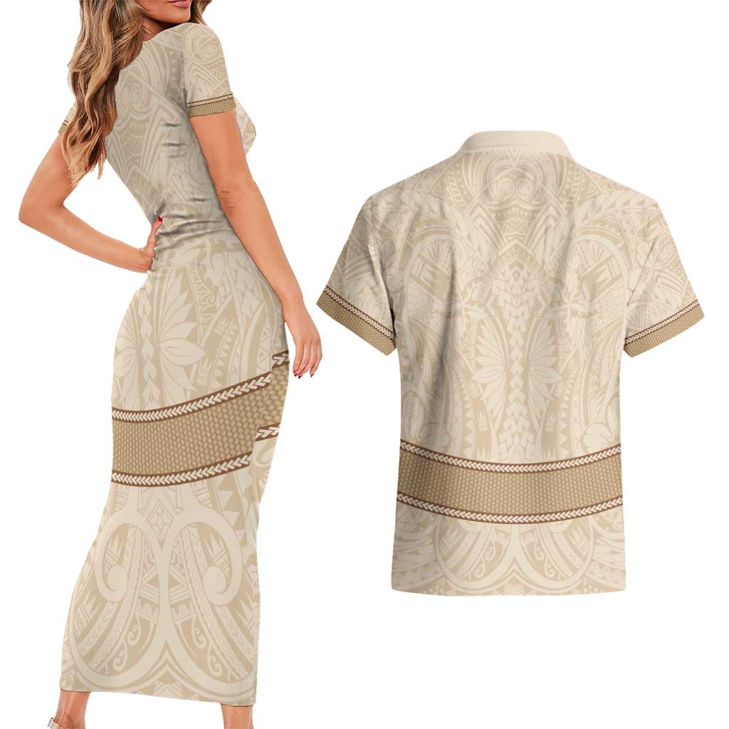 Mauri Ribaberiki Kiribati Couples Matching Short Sleeve Bodycon Dress and Hawaiian Shirt Cowrie Shells Lei Palm Leaf Weaving