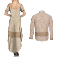 Mauri Ribaberiki Kiribati Couples Matching Summer Maxi Dress and Long Sleeve Button Shirt Cowrie Shells Lei Palm Leaf Weaving