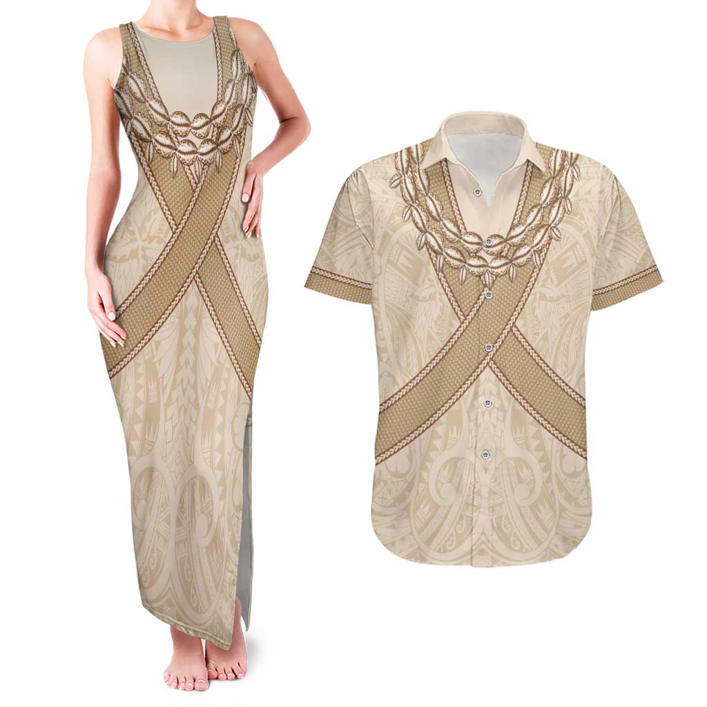 Mauri Ribaberiki Kiribati Couples Matching Tank Maxi Dress and Hawaiian Shirt Cowrie Shells Lei Palm Leaf Weaving