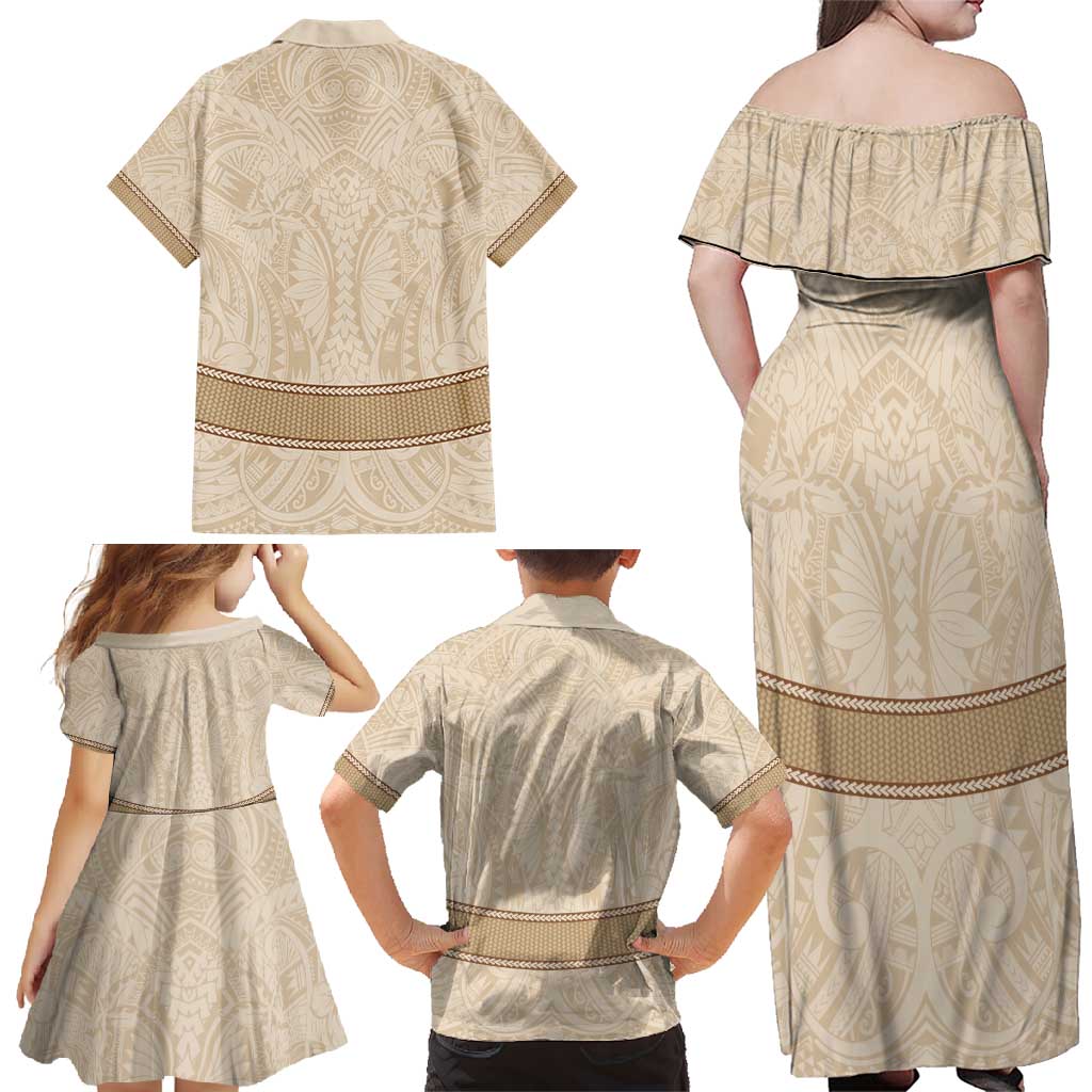 Mauri Ribaberiki Kiribati Family Matching Off Shoulder Maxi Dress and Hawaiian Shirt Cowrie Shells Lei Palm Leaf Weaving