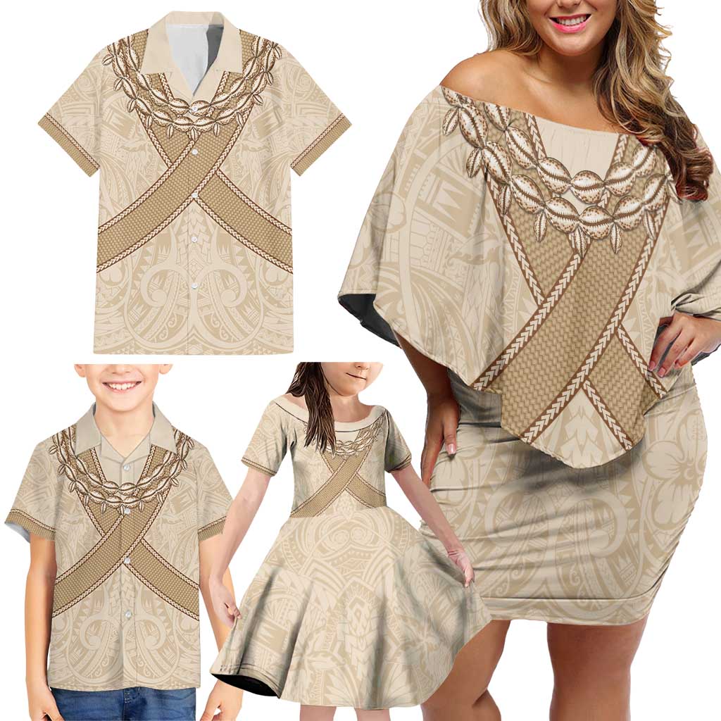 Mauri Ribaberiki Kiribati Family Matching Off Shoulder Short Dress and Hawaiian Shirt Cowrie Shells Lei Palm Leaf Weaving