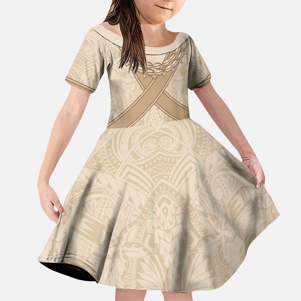 Mauri Ribaberiki Kiribati Kid Short Sleeve Dress Cowrie Shells Lei Palm Leaf Weaving