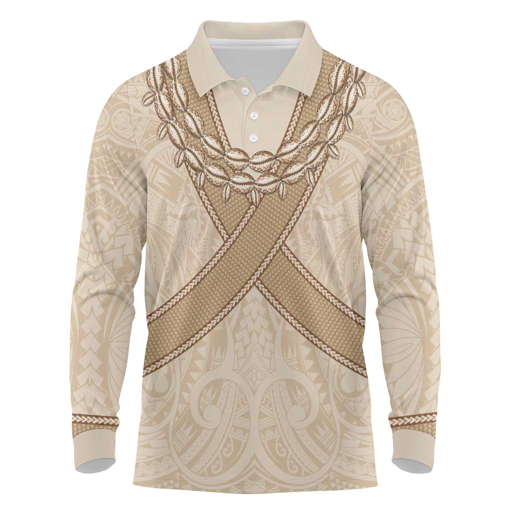 Mauri Ribaberiki Kiribati Long Sleeve Polo Shirt Cowrie Shells Lei Palm Leaf Weaving