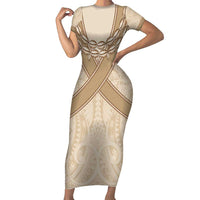 Mauri Ribaberiki Kiribati Short Sleeve Bodycon Dress Cowrie Shells Lei Palm Leaf Weaving LT14 Long Dress Beige - Polynesian Pride
