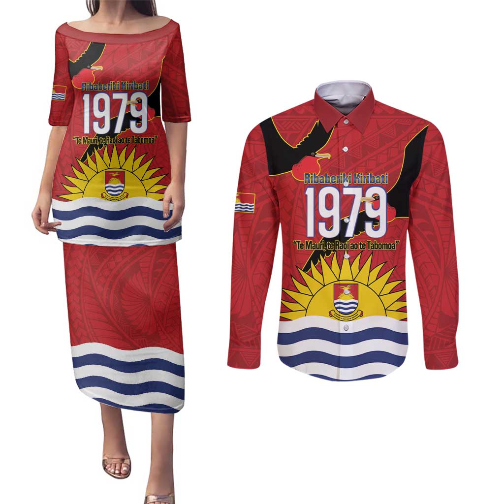 Mauri Kiribati Independence Day Couples Matching Puletasi and Long Sleeve Button Shirt 1979 Proud National Frigatebird
