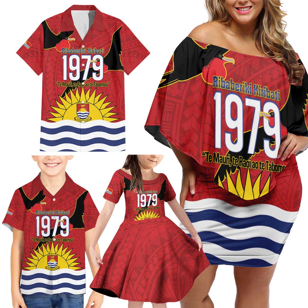 Mauri Kiribati Independence Day Family Matching Off Shoulder Short Dress and Hawaiian Shirt 1979 Proud National Frigatebird