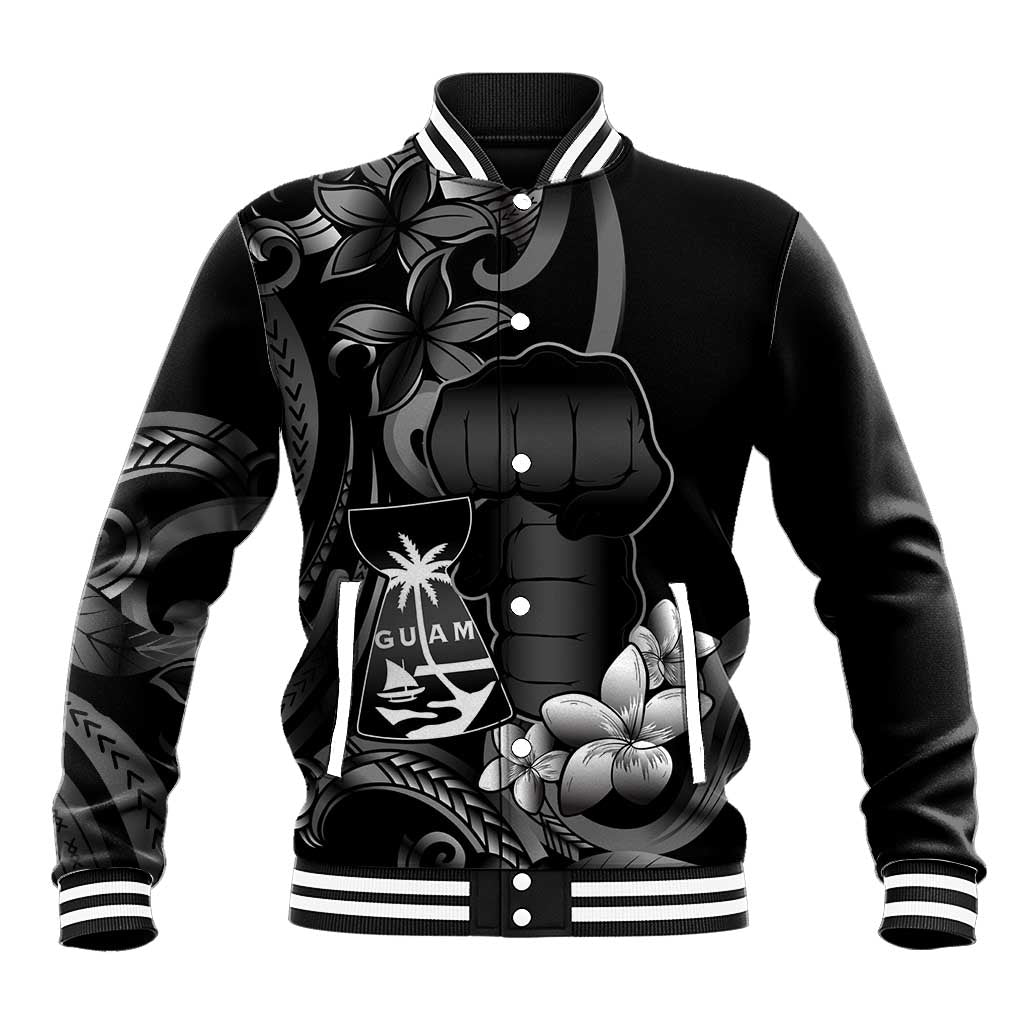 Black Hafa Adai Guam Baseball Jacket Chamorro Latte Stone Hand With Plumeria