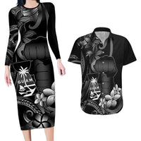 Black Hafa Adai Guam Couples Matching Long Sleeve Bodycon Dress and Hawaiian Shirt Chamorro Latte Stone Hand With Plumeria