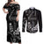 Black Hafa Adai Guam Couples Matching Off Shoulder Maxi Dress and Long Sleeve Button Shirt Chamorro Latte Stone Hand With Plumeria