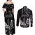 Black Hafa Adai Guam Couples Matching Off Shoulder Maxi Dress and Long Sleeve Button Shirt Chamorro Latte Stone Hand With Plumeria