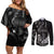 Black Hafa Adai Guam Couples Matching Off Shoulder Short Dress and Long Sleeve Button Shirt Chamorro Latte Stone Hand With Plumeria