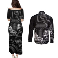Black Hafa Adai Guam Couples Matching Puletasi and Long Sleeve Button Shirt Chamorro Latte Stone Hand With Plumeria
