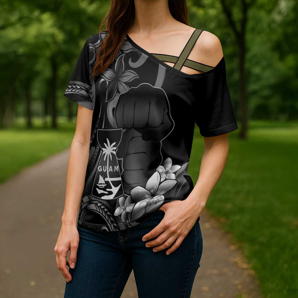 Black Hafa Adai Guam Cross Shoulder Shirt Chamorro Latte Stone Hand With Plumeria - Polynesian Pride