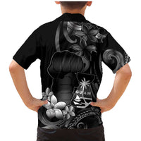 Black Hafa Adai Guam Family Matching Mermaid Dress and Hawaiian Shirt Chamorro Latte Stone Hand With Plumeria