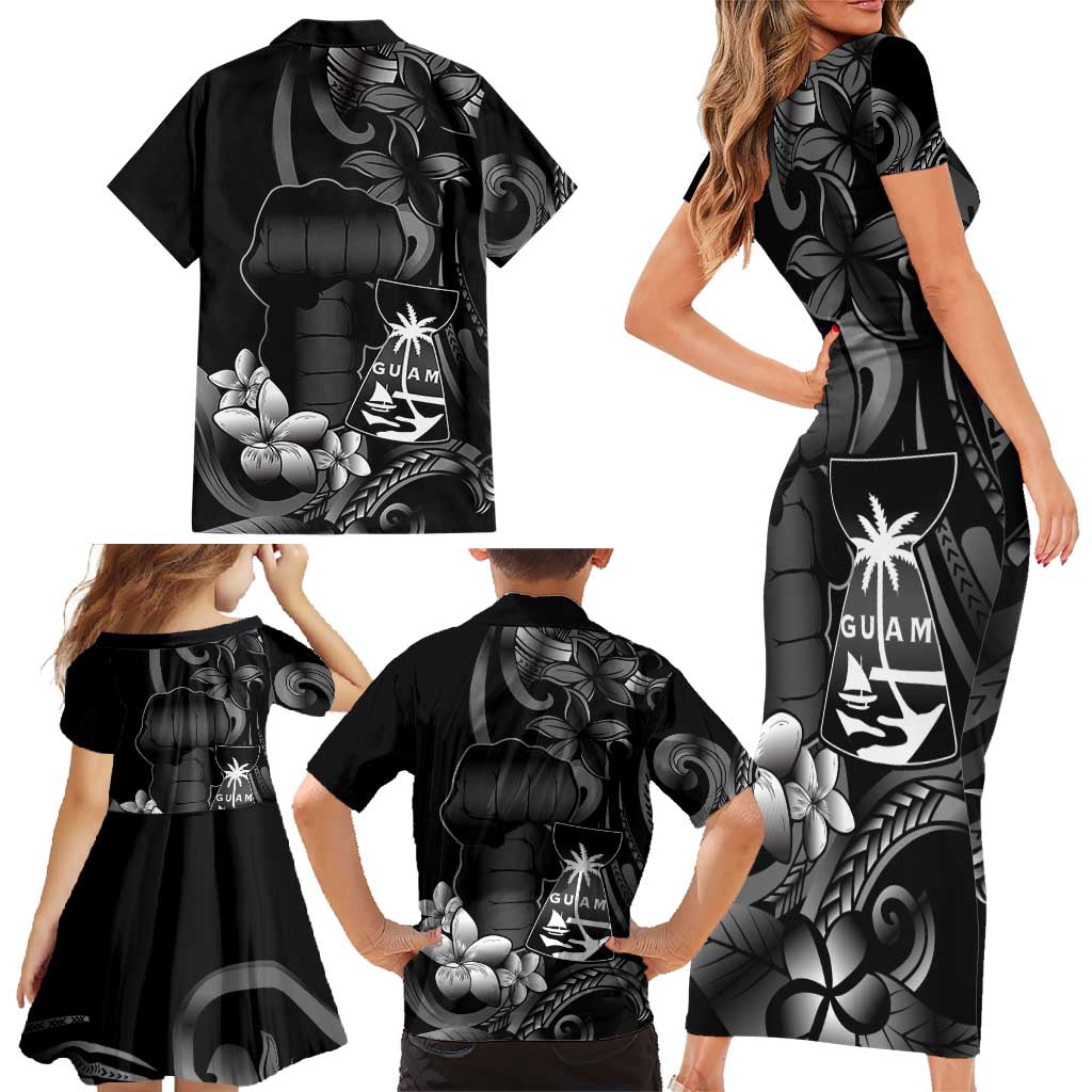 Black Hafa Adai Guam Family Matching Short Sleeve Bodycon Dress and Hawaiian Shirt Chamorro Latte Stone Hand With Plumeria