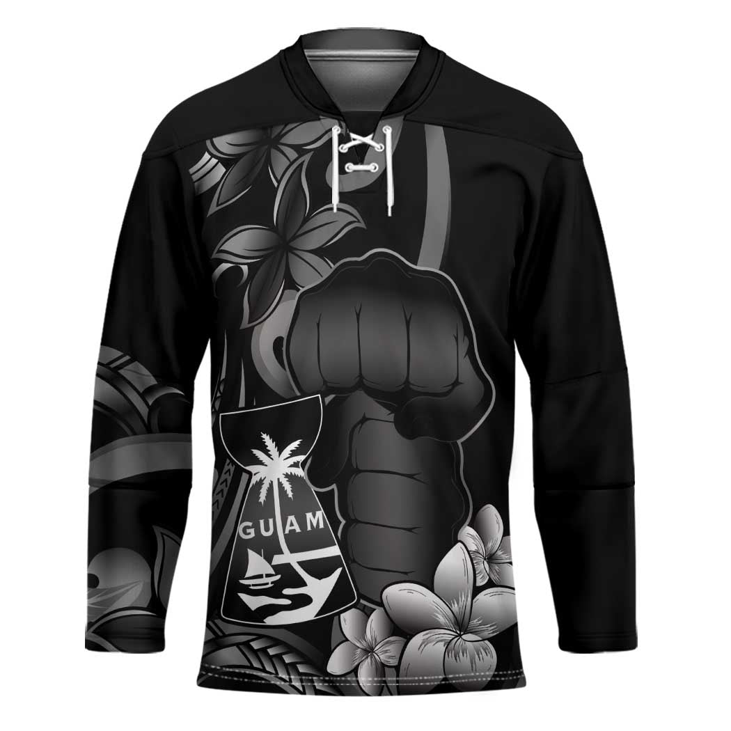 Black Hafa Adai Guam Hockey Jersey Chamorro Latte Stone Hand With Plumeria - Polynesian Pride