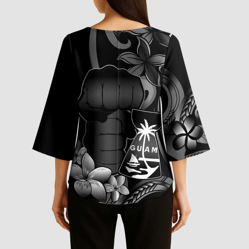 Black Hafa Adai Guam Kimono Sleeve Blouse Chamorro Latte Stone Hand With Plumeria - Polynesian Pride