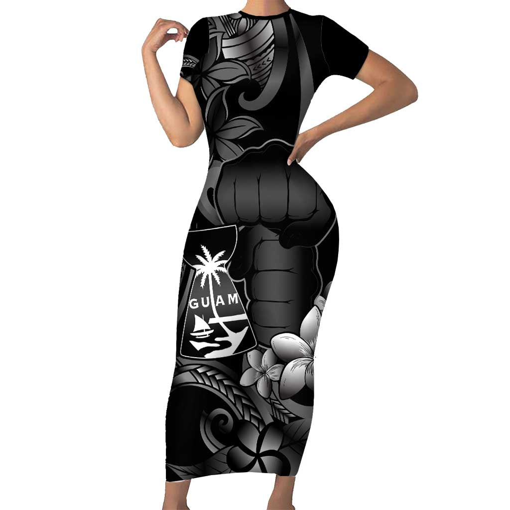 Black Hafa Adai Guam Short Sleeve Bodycon Dress Chamorro Latte Stone Hand With Plumeria