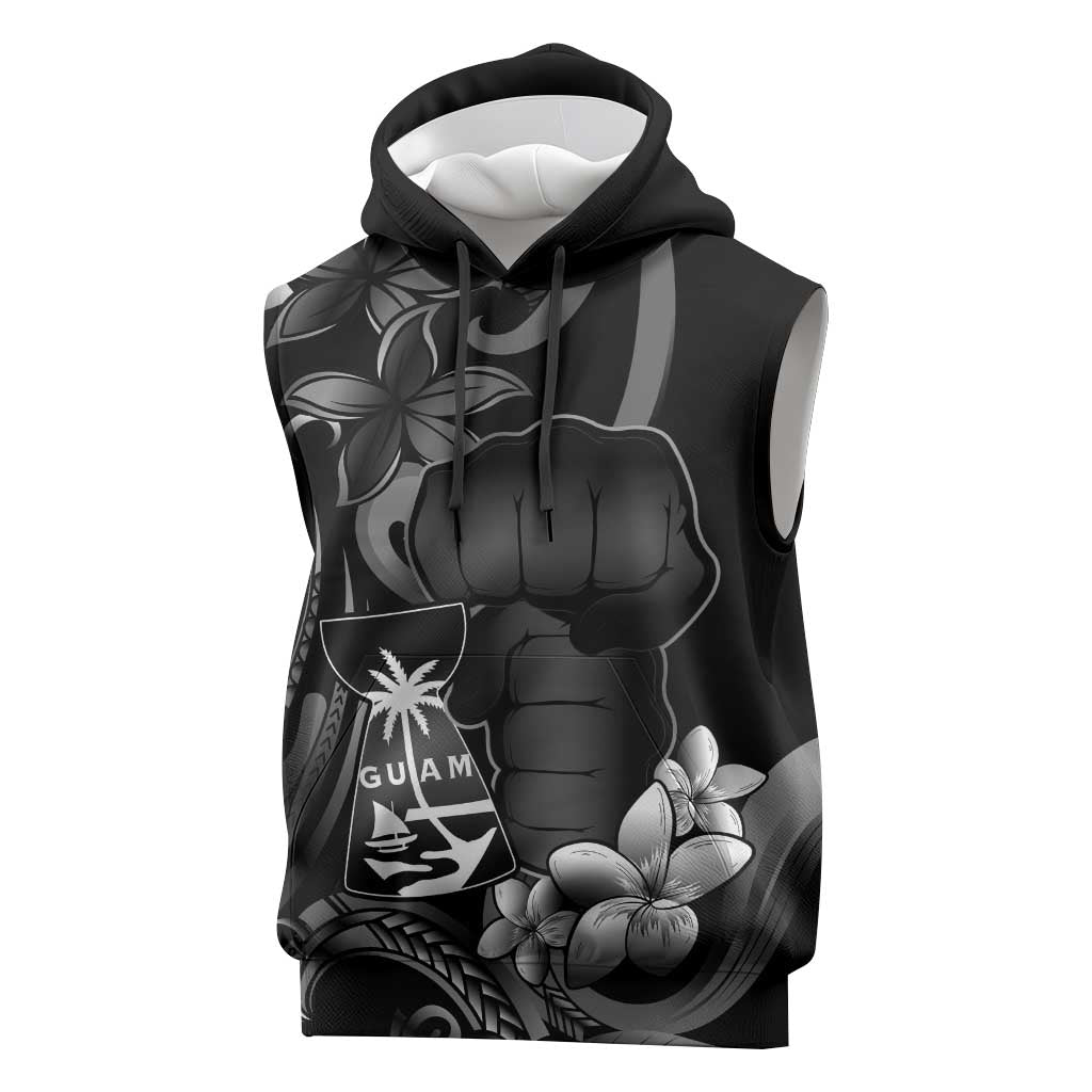 Black Hafa Adai Guam Sleeveless Hoodie Chamorro Latte Stone Hand With Plumeria - Polynesian Pride