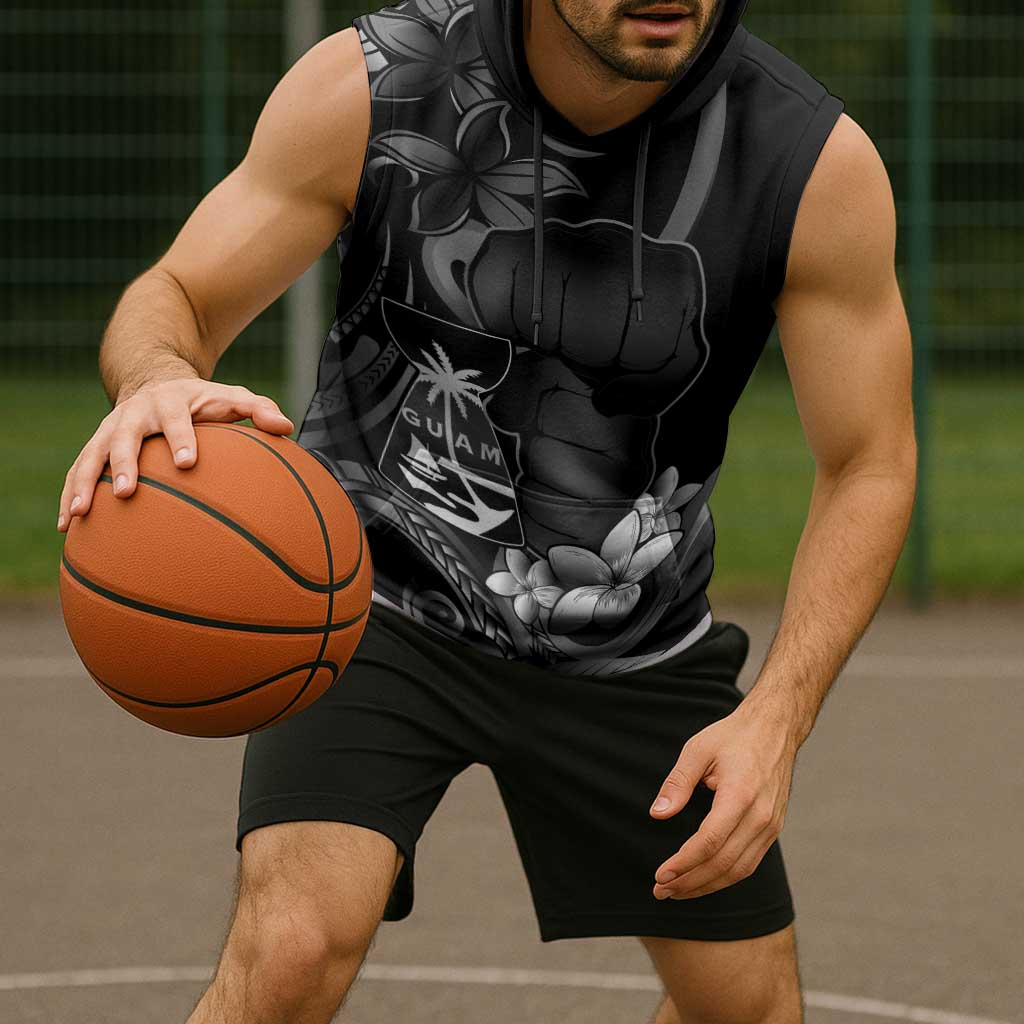 Black Hafa Adai Guam Sleeveless Hoodie Chamorro Latte Stone Hand With Plumeria - Polynesian Pride