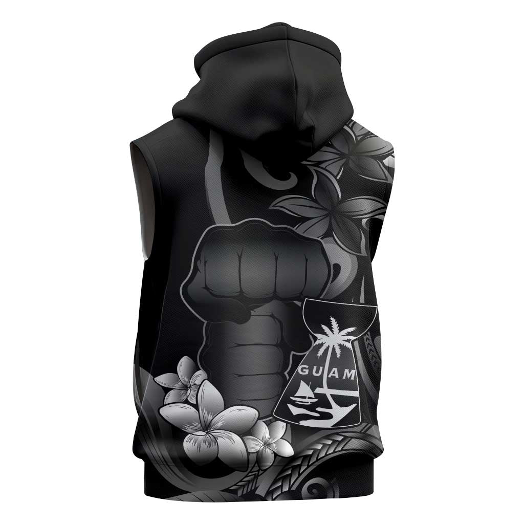 Black Hafa Adai Guam Sleeveless Zip Hoodie Chamorro Latte Stone Hand With Plumeria - Polynesian Pride