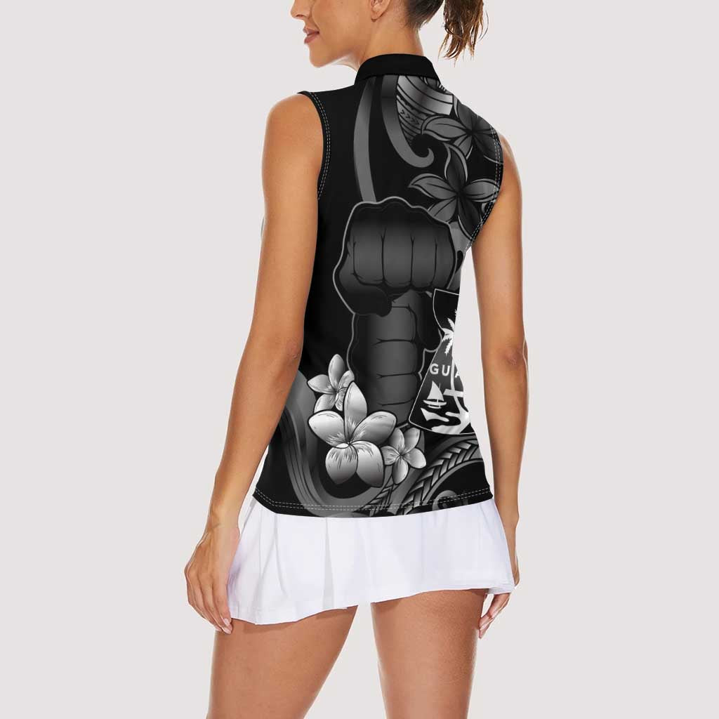 Black Hafa Adai Guam Women Sleeveless Polo Shirt Chamorro Latte Stone Hand With Plumeria